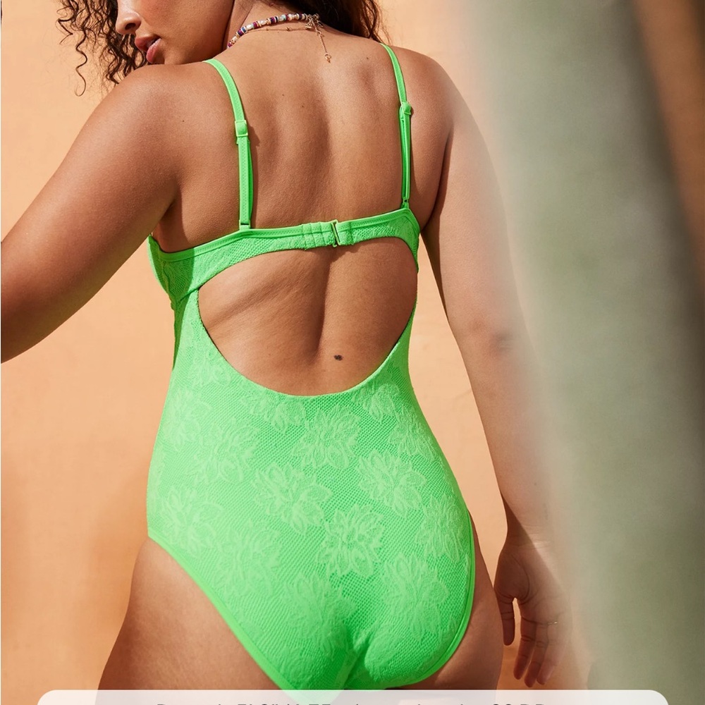 Green Neon Lace one piece swimsuit - Picture 3 of 6